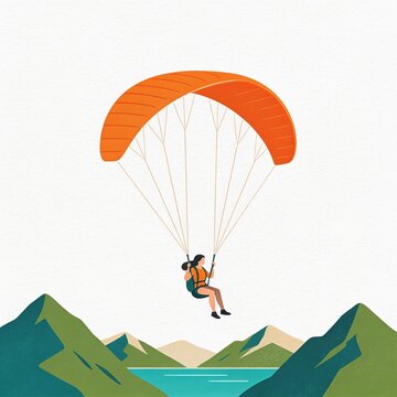 Flat vector illustration of woman paragliding over mountain lake