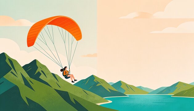 Flat vector illustration woman paragliding over mountains and lake