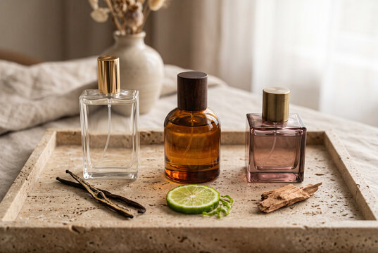 Perfume bottles on travertine tray with vanilla pod lime and wood