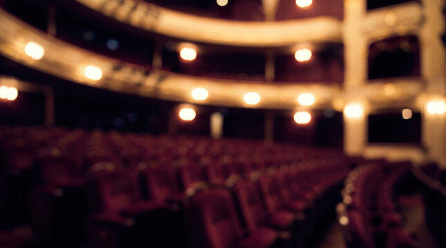 Blurred interior of a classic luxury theater auditorium with empty red velvet seats and warm glowing balcony lights representing performing arts and entertainment venues