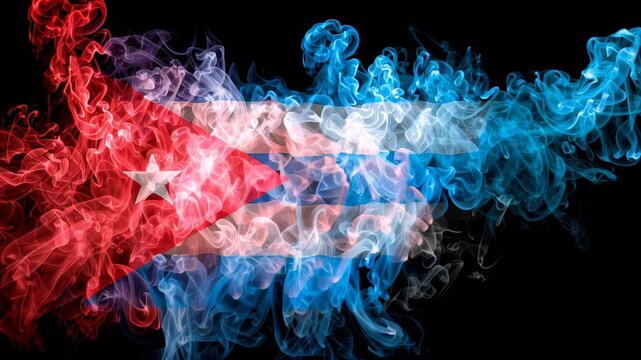 Cuban flag formed with smoke in red, white, and blue colors during a creative display