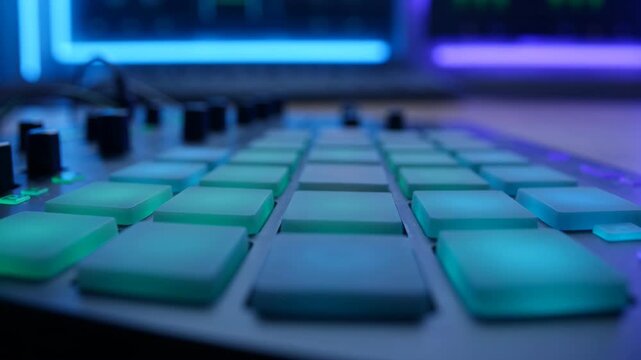 Close-up of fingers playing illuminated drum pads on a music production controller, performing electronic music in a studio with neon lighting.