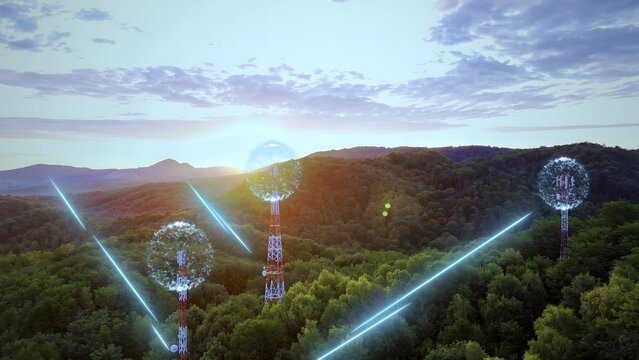 Aerial view of IoT network connectivity across telecom towers. Wireless communication, smart devices and connected infrastructure concept