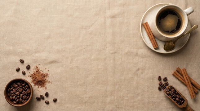 Top view of a cup of black coffee with cinnamon sticks and roasted coffee beans on burlap background