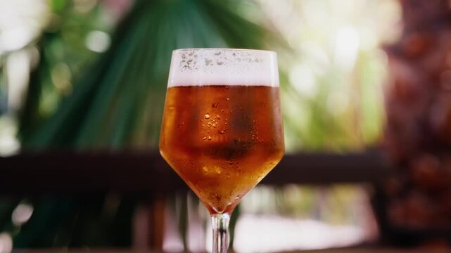 Close up of a cold glass of amber craft beer with white foam condensation outdoors in sunny tropical garden.