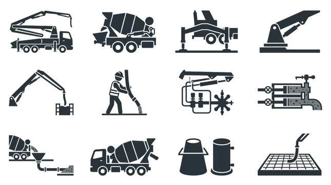 Concrete pumping and pouring machinery industrial icons