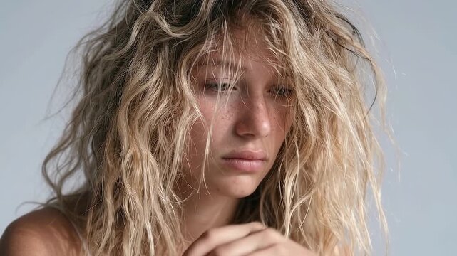 Young woman Staring blankly into the distance with unfocused, half-closed eyes. mental health gesture.