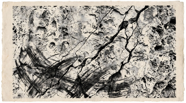 fine art monochrome lithograph print on textured deckle edge paper depicting expressive abstract fractured stone texture with deep fissures and bold gestural black brushstrokes for gallery