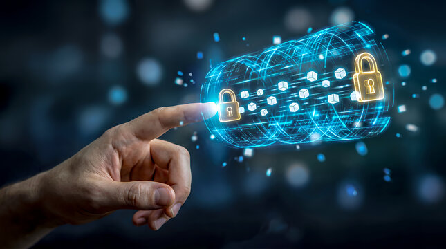 Two fingers touching glowing golden blockchain padlock chain with blue particle data stream on dark bokeh background, representing secure blockchain encryption and data protection concept