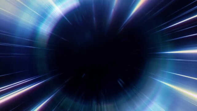 Dark Blue Wormhole Tunnel with Hyper speed Light Streaks and Cinematic Lens Flare in Deep Space.