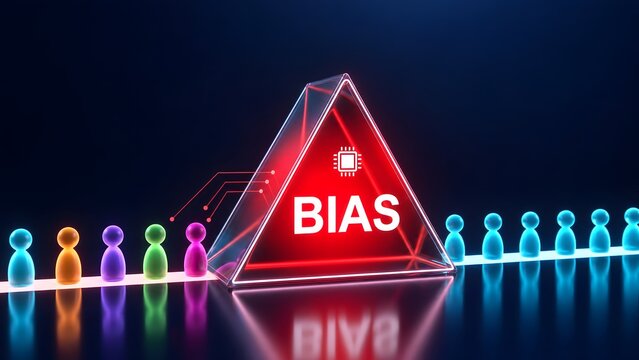 Glowing red triangle warning of algorithmic bias filtering diverse human avatars into uniform digital profiles conceptualizing unfair AI selection.