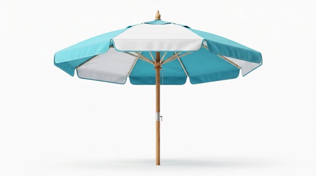 Turquoise beach umbrella isolated on white background, blue wooden sun parasol object cutout, summer patio shade accessory