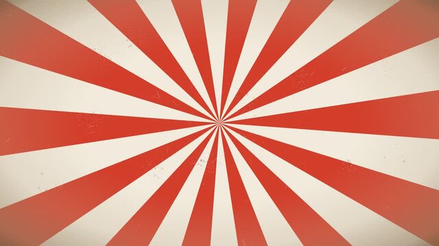 Rotating red sunburst background creates retro vibe. vintage cream radial stripes spin in continuous loop.