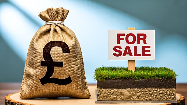 For sale sign with pound currency bag and property model representing real estate investment