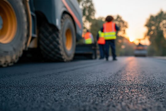 Closeup of freshly paved asphalt road with construction crew and steamroller for roadwork background and infrastructure banner design