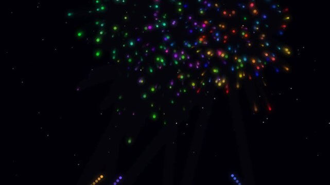 Vibrant digital fireworks display, colorful particle explosion background, festive celebration motion abstract night sky animation