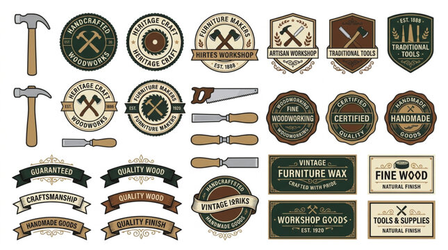 Vintage woodworking branding toolkit with artisan tools and badge