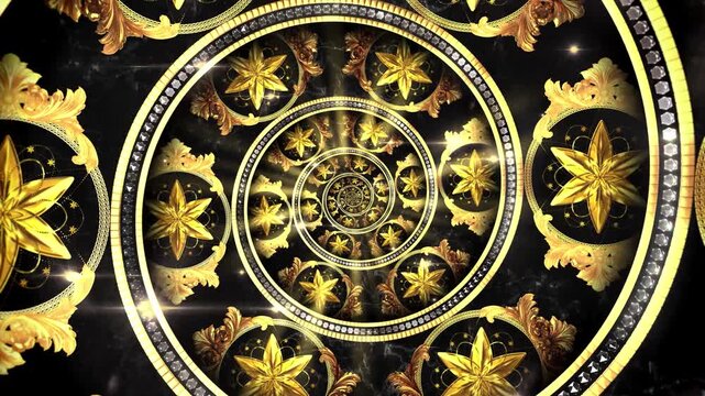 Infinte Ornament Frame - Golden Ornate Star Tunnel Luxury Motion Background Loop