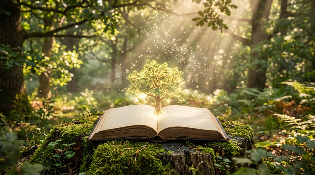 Open vintage fairy tale storybook with glowing golden tree of wisdom sprouting from pages on mossy stump in enchanted woodland with sunbeams for education learning and imagination concept