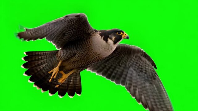 Peregrine falcon flying on green screen