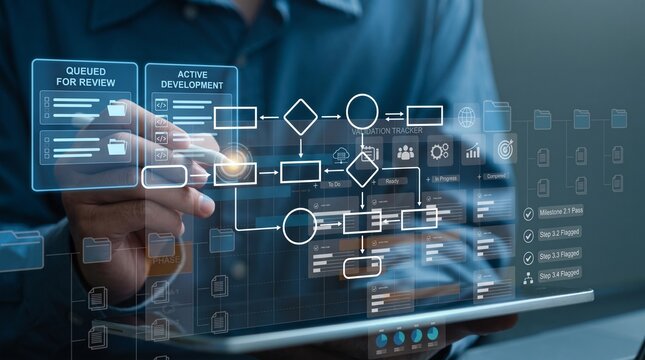 Developer uses a stylus to manipulate a complex digital workflow diagram displayed on a transparent glass interface.