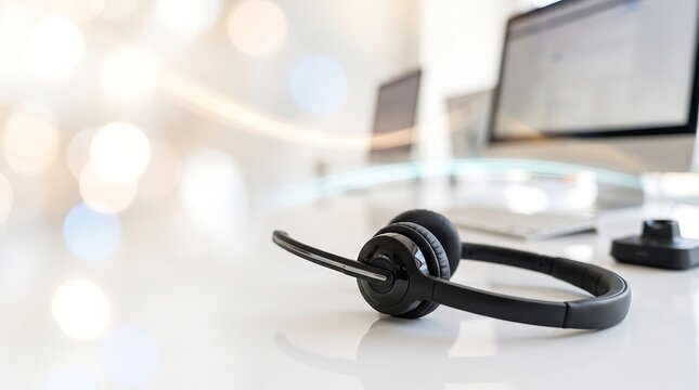 Professional black headset for customer service placed on a clean white desk with a blurred office background representing modern communication technology and remote business support solutions