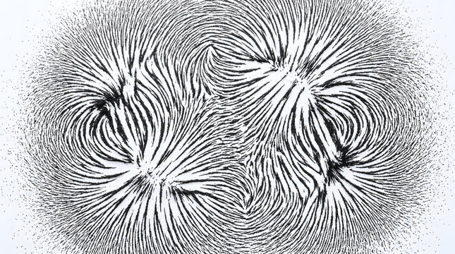 Complex magnetic field force patterns visualized with black iron filings powder arranged along multiple magnetic poles on white paper background for physics and science education school study
