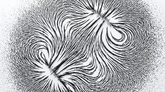 Magnetic dipole field lines visualized using fine black iron filings powder aligned along magnetic force field between two poles on white surface for physics science educational display