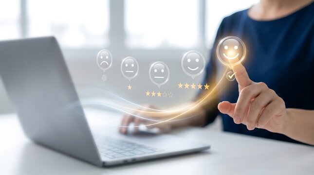 Business professional using a laptop to select a positive smiley face rating on a digital customer feedback interface representing high service quality and user experience technology