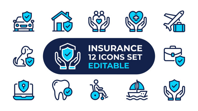 Insurance Icons Set: A comprehensive collection of twelve stylized vector icons representing various insurance services, including car, home, life, health, travel, pet, business.