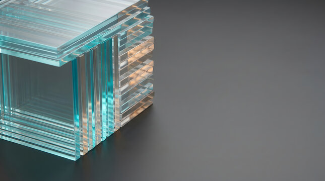 Abstract stack of clear glass sheets for modern technology, science, and business backgrounds.