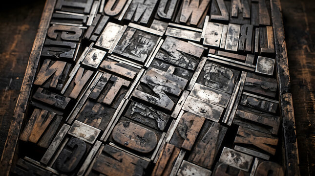 top down view of vintage wooden letterpress type blocks and metal lead characters arranged closely in an old printer composing tray with authentic dark black printing ink stains and patina