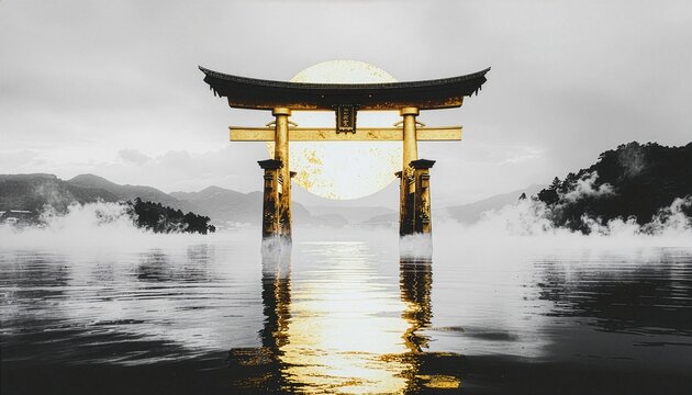 霧の水面に立つ金彩の鳥居を描いた静謐な和風背景