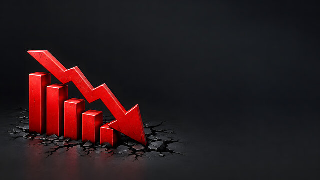 Red declining bar chart and arrow breaking through floor on dark background