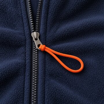 Orange cord loop on a navy fleece jacket zipper
