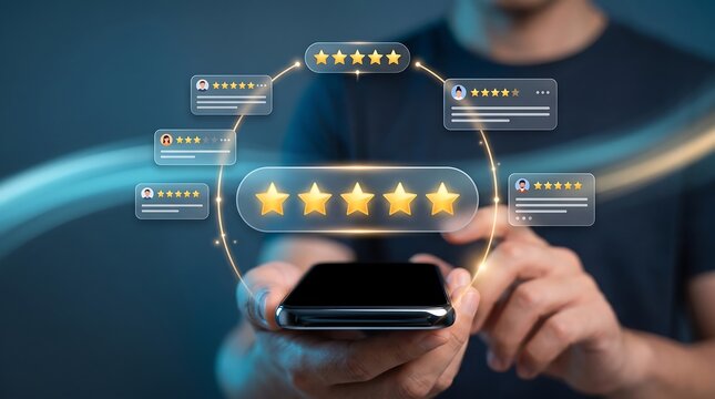 Customer satisfaction feedback concept with five star rating system displayed on digital mobile phone screen held by user for business service quality improvement and review analysis