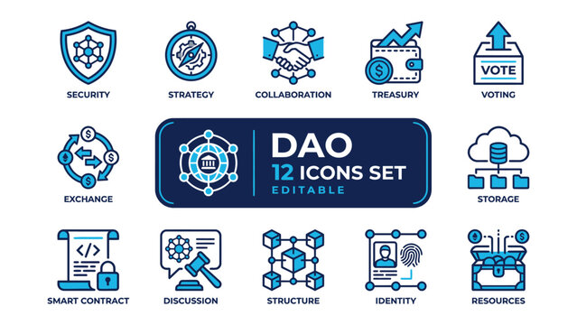 DAO Icon Set: A comprehensive collection of 12 editable icons representing key aspects of Decentralized Autonomous Organizations (DAOs), including security, strategy, collaboration, treasury, voting.