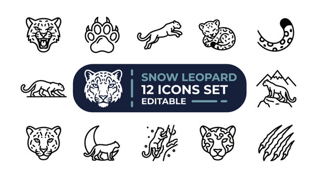 Snow Leopard Icon Set: A versatile collection of 12 editable line art icons showcasing the majestic snow leopard in various poses and elements, perfect for wildlife and nature-themed designs.