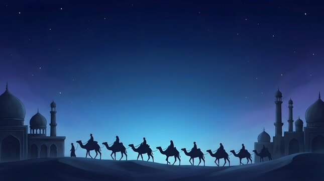 Blue Islamic night background vector design showing a camel caravan riding across desert sand dunes with a distant mosque silhouette under a starry sky for Isra Miraj and Islamic holidays.