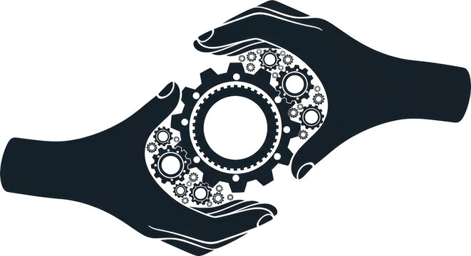 Industrial gears held by human hands, mechanical cogs in cupped palms, teamwork and engineering concept, business process and synergy symbol.