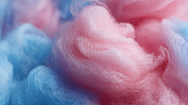 Close up of sweet pink and blue cotton candy fibers. Concept of summer carnival treat, childhood sweets and abstract pastel confectionery background.