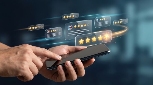 Person using smartphone to interact with floating holographic review star rating interface for customer feedback and service quality analysis in modern professional office space