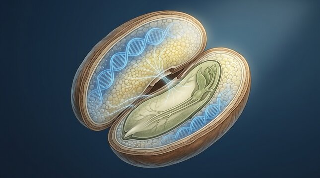 Conceptual illustration of a genetically modified seed with glowing DNA helix, showing internal anatomy and biological structure