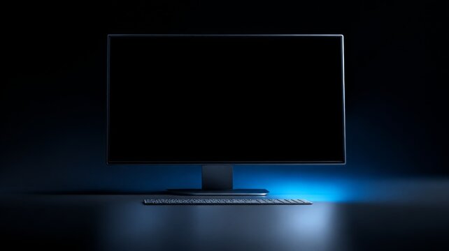 Modern desktop computer monitor with blank screen and keyboard in dark studio lighting environment with against dark background background blue ambient