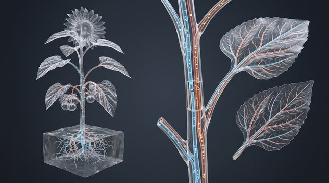 Educational 3D illustration of a plant's vascular system showing the internal transport of water and nutrients through xylem and phloem in roots, stem, and leaves.
