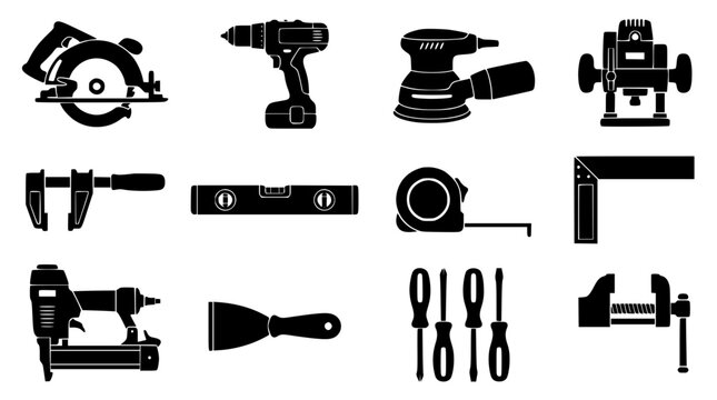 Power Tools, Construction, and Carpentry Hardware Glyph Icon Set Vector Illustration