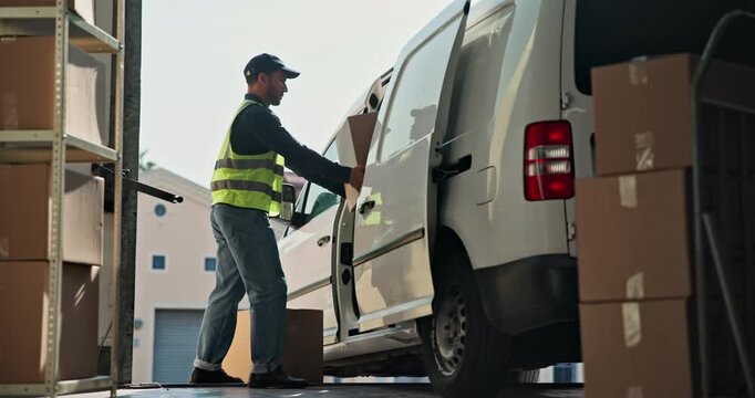 Packing, boxes and delivery man by van for courier, shipping and distribution service at dock. Warehouse, help and person with parcel, packages or order for supply chain, shipment and unload vehicle