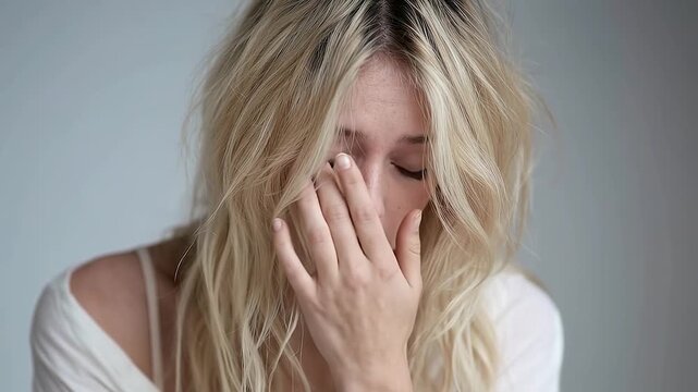 Young woman Wiping away a tear with the back of a slow, trembling hand.