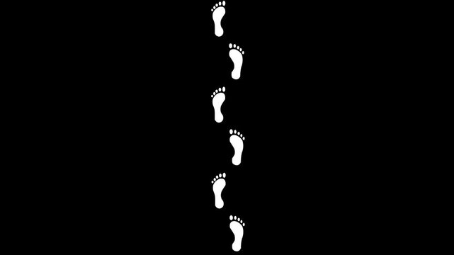Animated Human Barefoot Footprints Appearing from Bottom to Top, Seamless Walking Path Footsteps sign or icon animation Transparent black Background animation