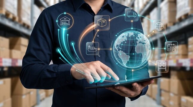 Business person holding digital tablet with holographic globe and logistics icons representing global shipping and supply chain technology management in professional warehouse setting